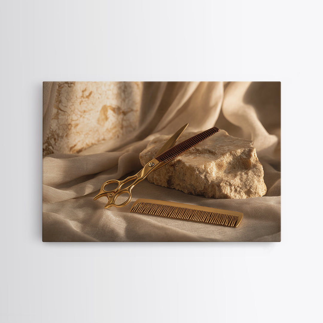Gold Scissors and Comb Still Life on Canvas Print, Hair Salon Art, Black Woman Art, Living Room Decor, Fine Art, Style, HSA-3x2-54