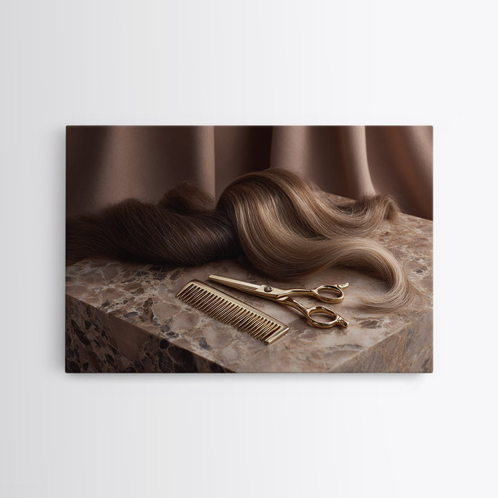 Gold Scissors and Comb Still Life on Framed Canvas Print, Hair Salon Art, Black Wall Art, Living Room Decor, Fine Art, Style, HSA-3x2-6