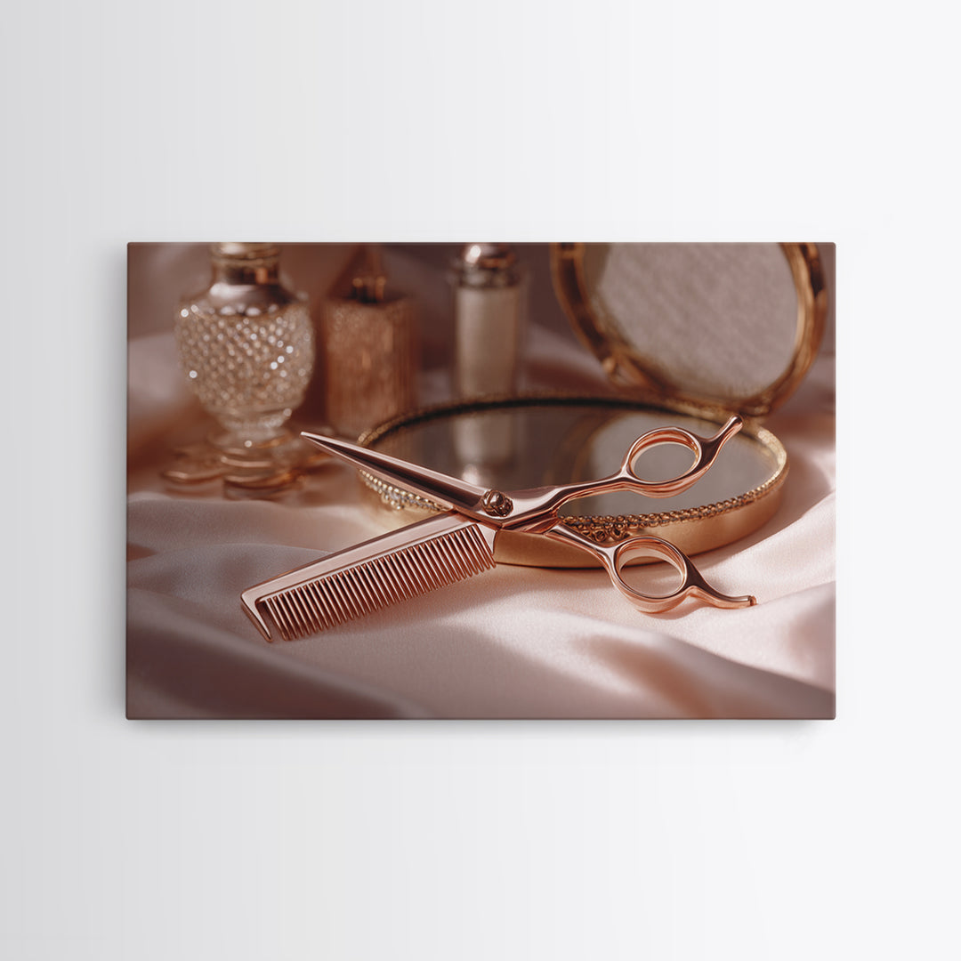 Rose Gold Salon Tool Still Life Canvas Print, Hair Salon Art, African American Art, Living Room Decor, Fine Art, Style, HSA-3x2-66