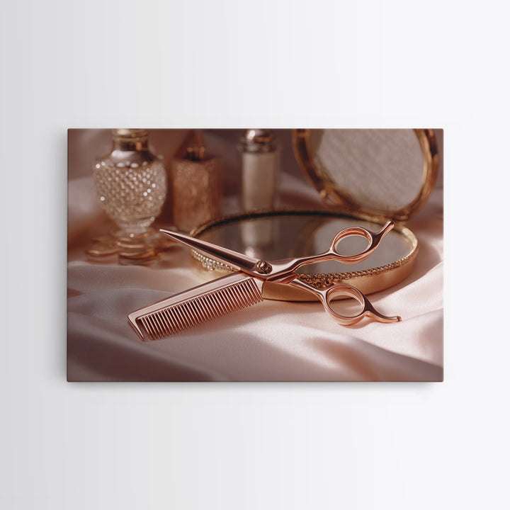 Rose Gold Salon Tool Still Life Canvas Print, Hair Salon Art, African American Art, Living Room Decor, Fine Art, Style, HSA-3x2-66