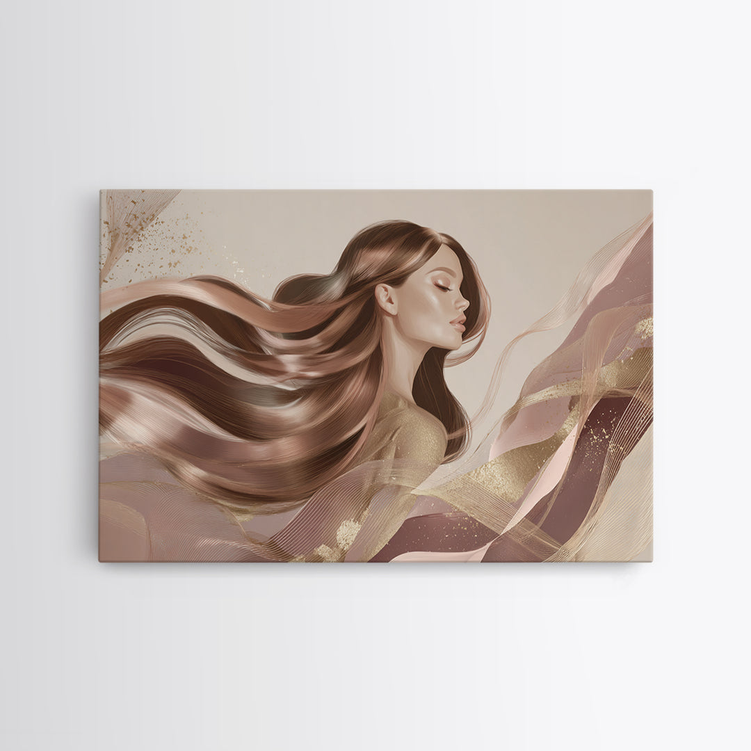 Fashion Portrait with Flowing Glossy Hair Framed Canvas Print, Hair Salon Art, Living Room Decor, Oil Painting, Style, HSA-3x2-77