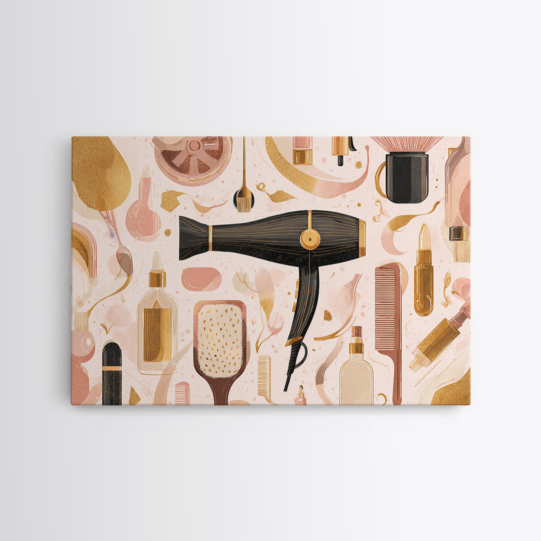Hairdryer and Brush Framed Canvas Print, Hair Salon Art, Hairdresser Gift, Living Room Decor, Fine Art, Style, HSA-3x2-85