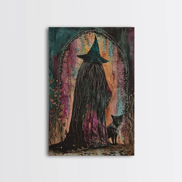 Cottage Core Witch Framed Canvas Print, Springtime Witch, Halloween Art, Halloween Decor, Colorful Halloween Witch Decor Wall Art