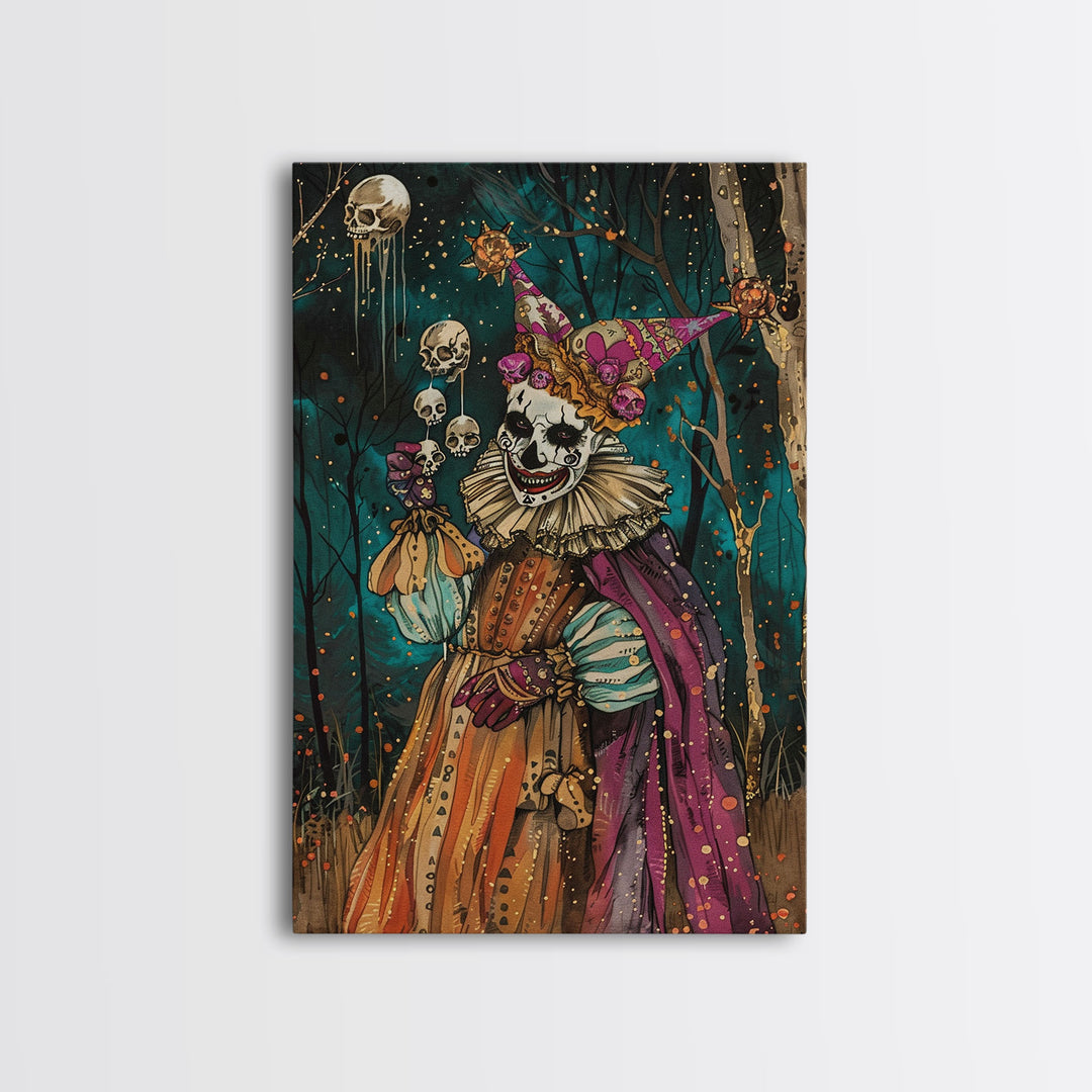Halloween Sinister Clown in Dark Forest Framed Canvas Print, Creepy Wall Art, Home Decor, Horror Decor, Gift Idea, Spooky Carnival