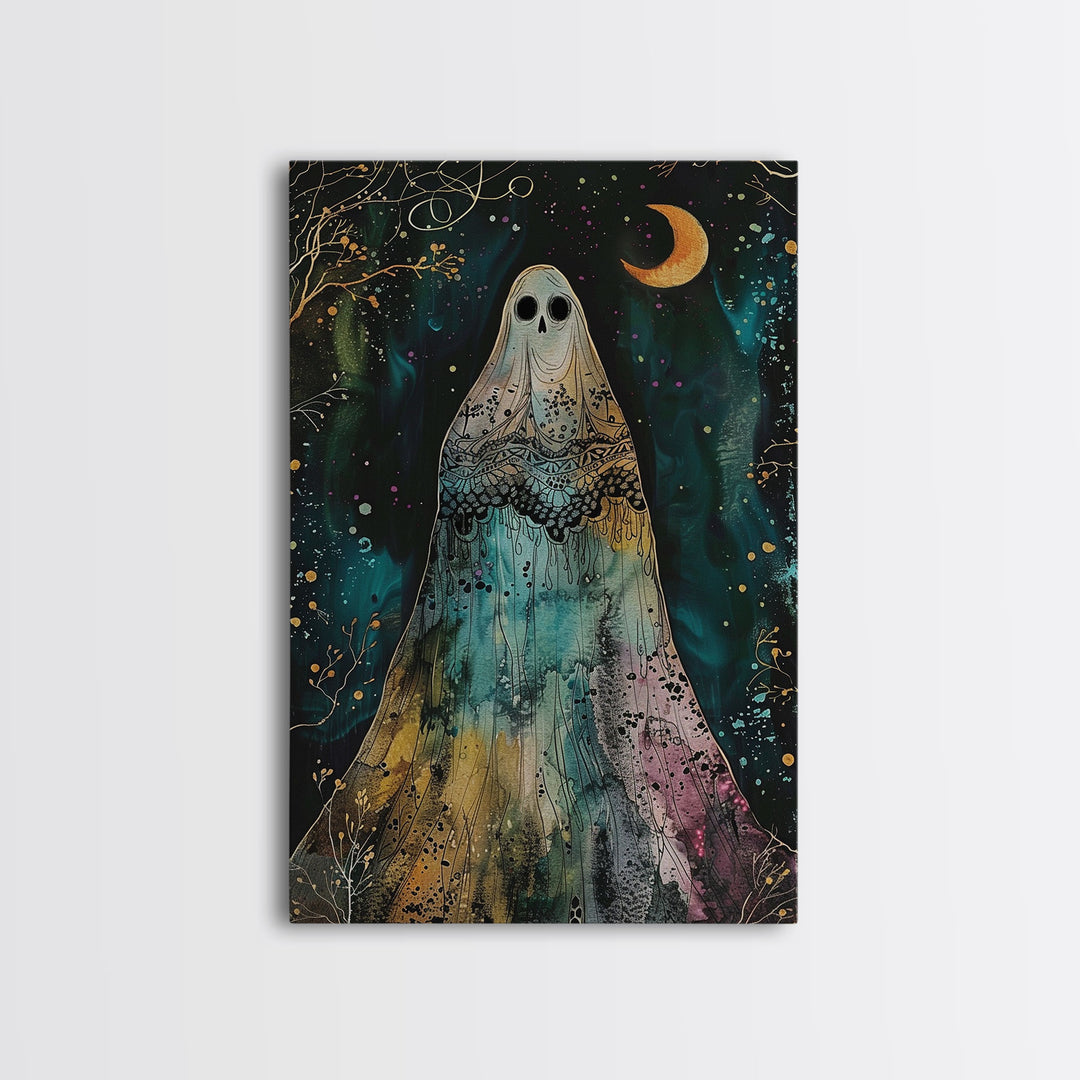 Cottage Core Ghost Decor, Cottagecore Halloween Art Framed Canvas Print, Unique Wall Art, Spooky Season Decor