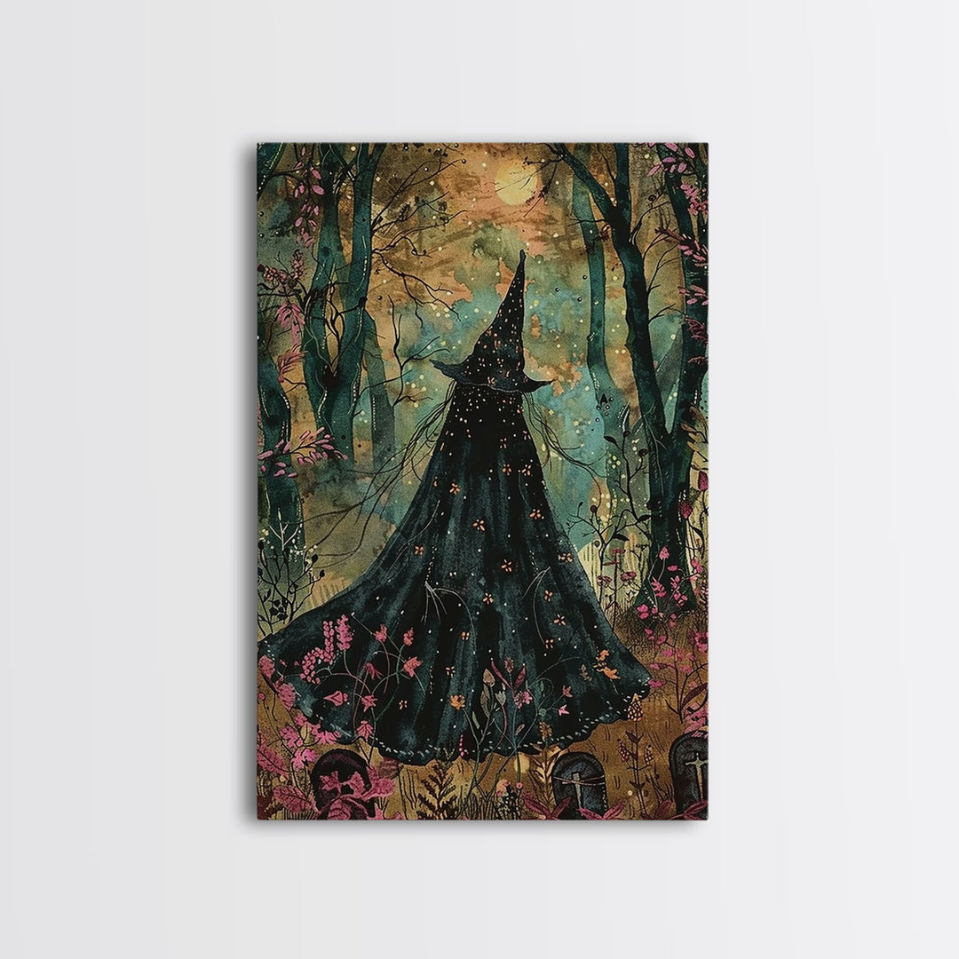 Halloween Witch in Dark Forest, Framed Canvas Print, Wall Art, Living Room Decor, Spooky, Witch Art, Original Painting, Home Decor
