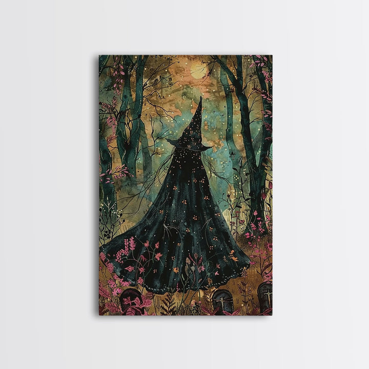 Halloween Witch in Dark Forest, Framed Canvas Print, Wall Art, Living Room Decor, Spooky, Witch Art, Original Painting, Home Decor