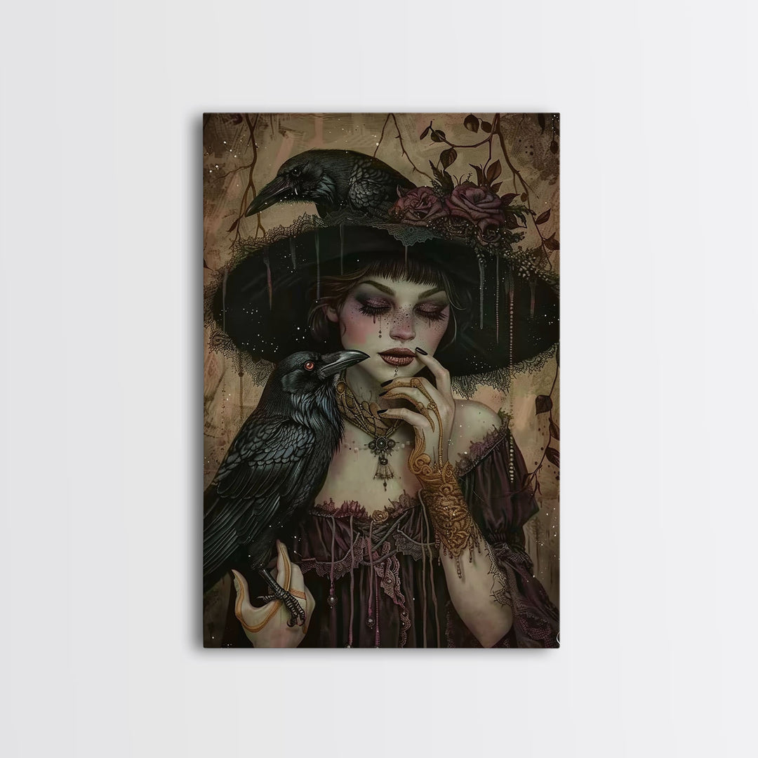 Cottage Core Witch With Raven Framed Canvas Print, Halloween Wall Decor / Wall Art, Spooky Witch, Spooky Month Gift Idea
