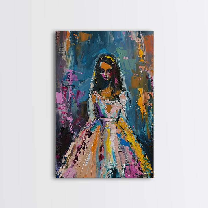 Halloween Bride with Colorful Dress, Framed Canvas Print, Wall Art, Living Room Decor, Spooky, Bride Art, Original Painting, Home Decor
