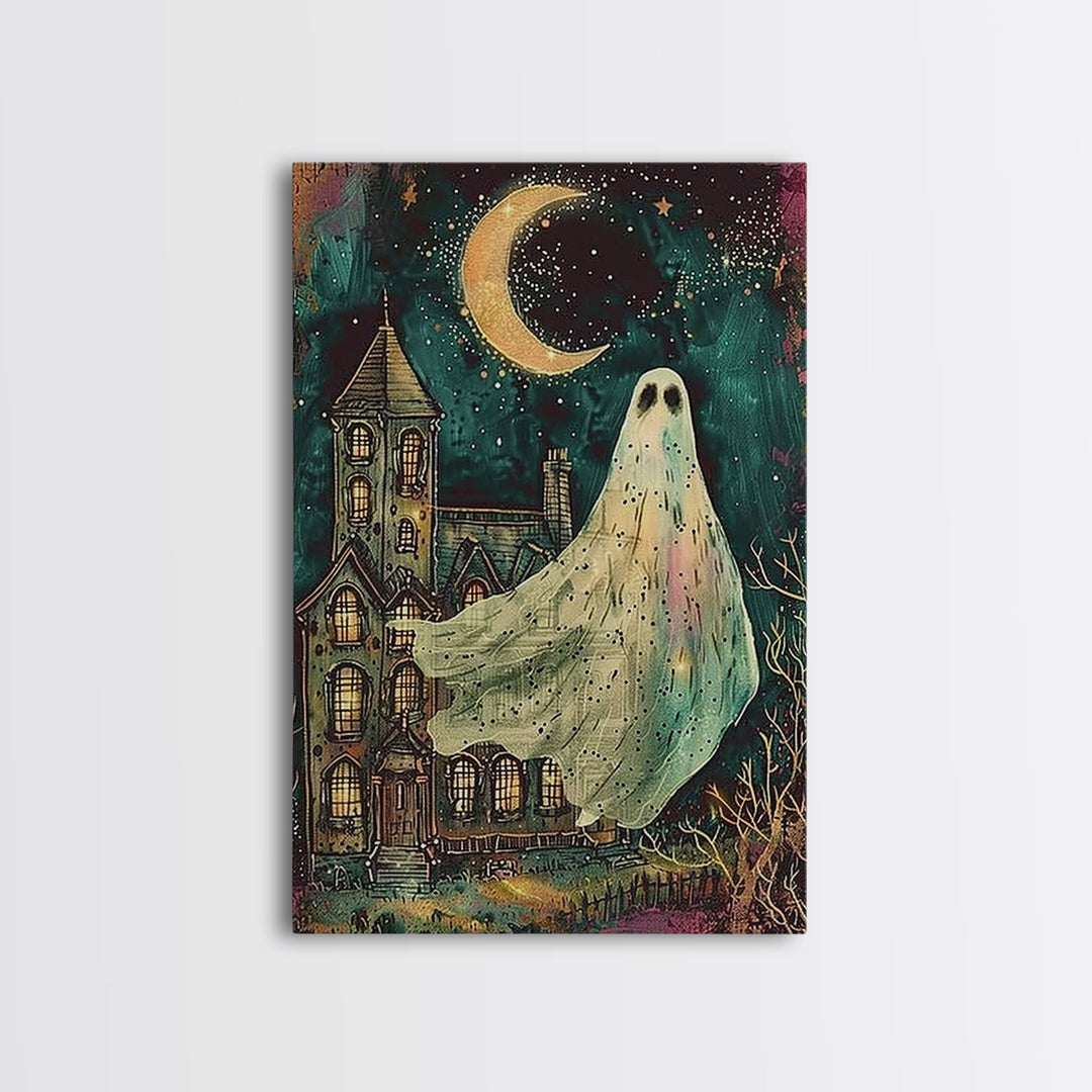 Halloween Ghost with Colorful Background, Framed Canvas Print, Wall Art, Spooky Decor, Halloween Decoration, Living Room Art, Unique Gift