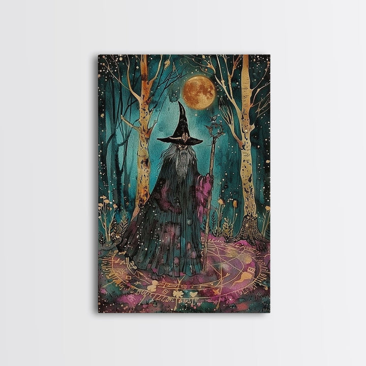 Halloween Wizard in Forest, Framed Canvas Print, Wall Art, Home Decor, Spooky Artwork, Magic Decor, Halloween Decor Painting, Holiday Decor