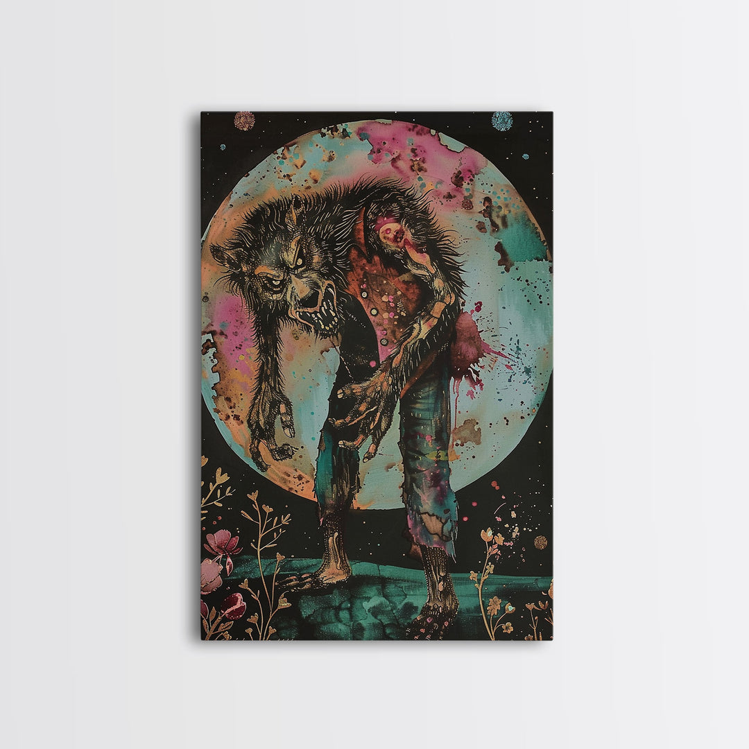 Halloween Werewolf Transformation, Framed Canvas Print, Wall Art, Home Decor, Spooky Artwork, Monster Decor, Halloween Decor, Fantasy Art