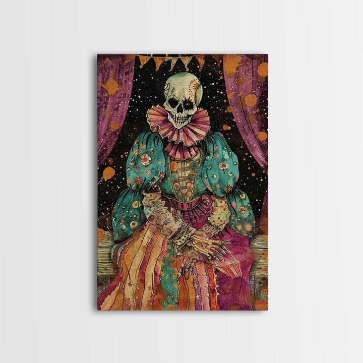 Creepy Skeleton Clown Framed Canvas Print, Cottagecore Halloween Mashup, Spooky Vibes Halloween Decor