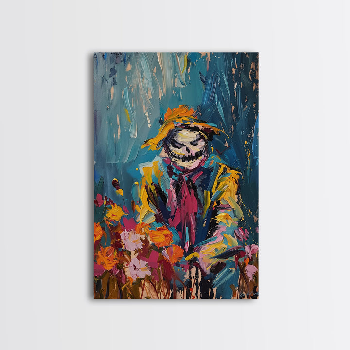 Colorful Scarecrow in Flower Field Framed Canvas Print | Halloween Art | Whimsical Spooky Art | Playful Scarecrow Art for Home Decor