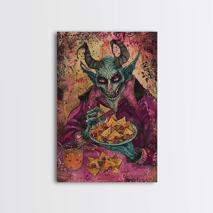 Spooky Demon Eating Chips Framed Canvas Print, Halloween Art, Unique Wall Art, Creepy Home Decor, Scary Art, Spooky Living Room Decor