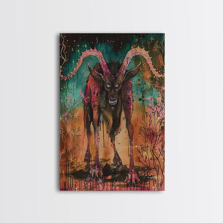 Spooky Goat Demon in the Woods Framed Canvas Print, Halloween Art, Creepy Wall Art Spooky Home Decor, Scary Art Mysterious Living Room Decor