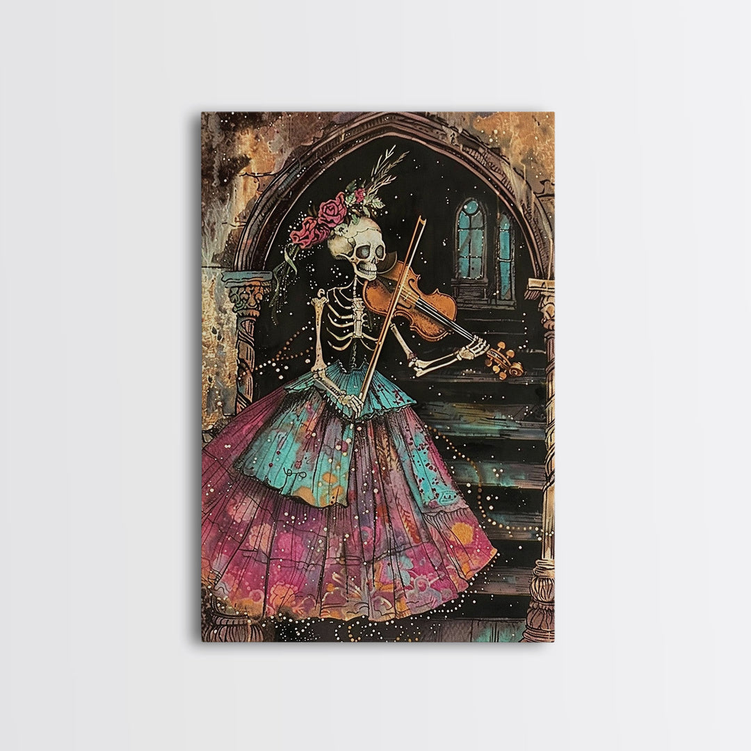 Elegant Skeleton Violinist in Gown Framed Canvas Print, Halloween Art, Creepy Wall Art, Spooky Home Decor, Art, Vintage Living Room Decor