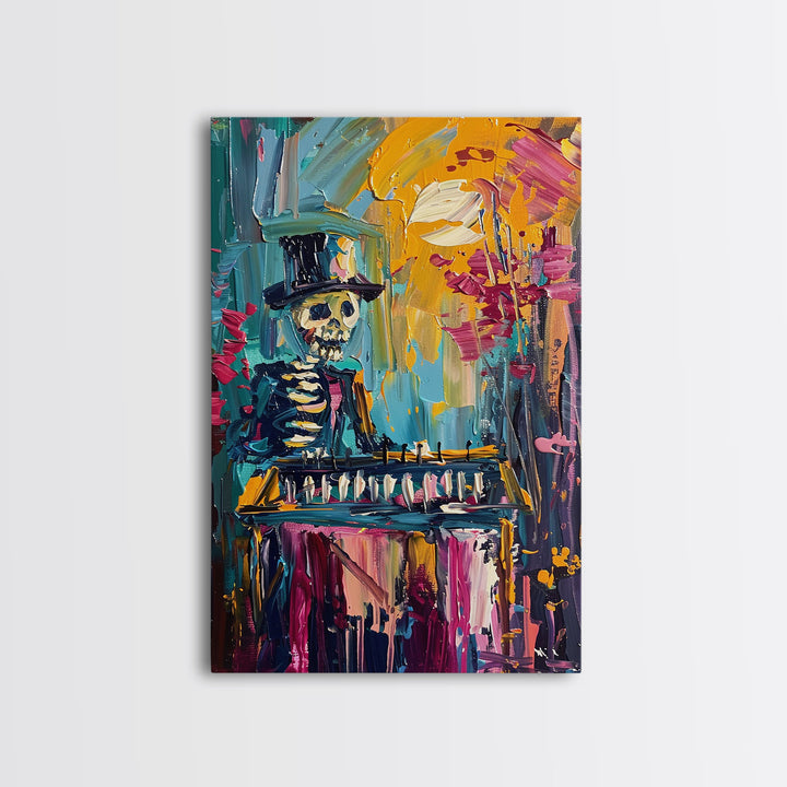 Colorful Skeleton with Top Hat Framed Canvas Print, Halloween Art, Creepy Wall Art, Spooky Home Decor, Scary Art, Vibrant Living Room Decor