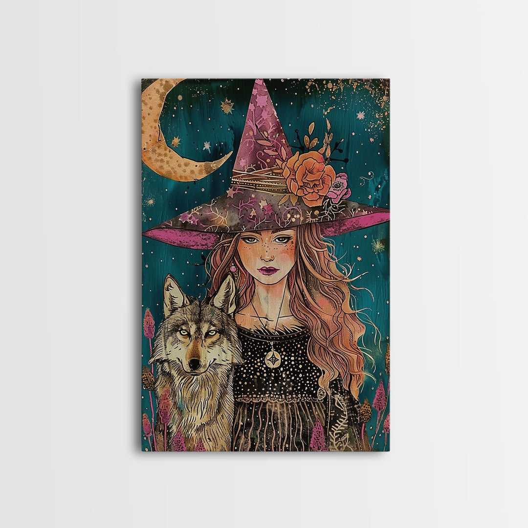 Cottage Core Witch Portrait Framed Canvas Print, Witch Art, Witch and Wolf Familiar, Colorful Springtime Witch Art