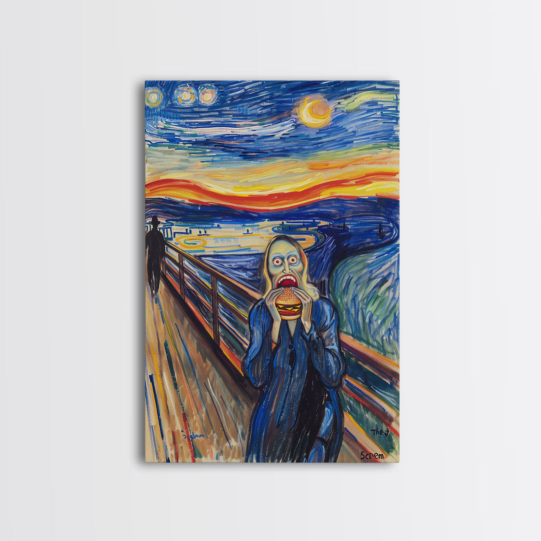 Scream-Inspired Halloween Art with a Figure Eating a Hamburger, Combining Horror and Humor for a Unique and Spooky Wall Art Piece