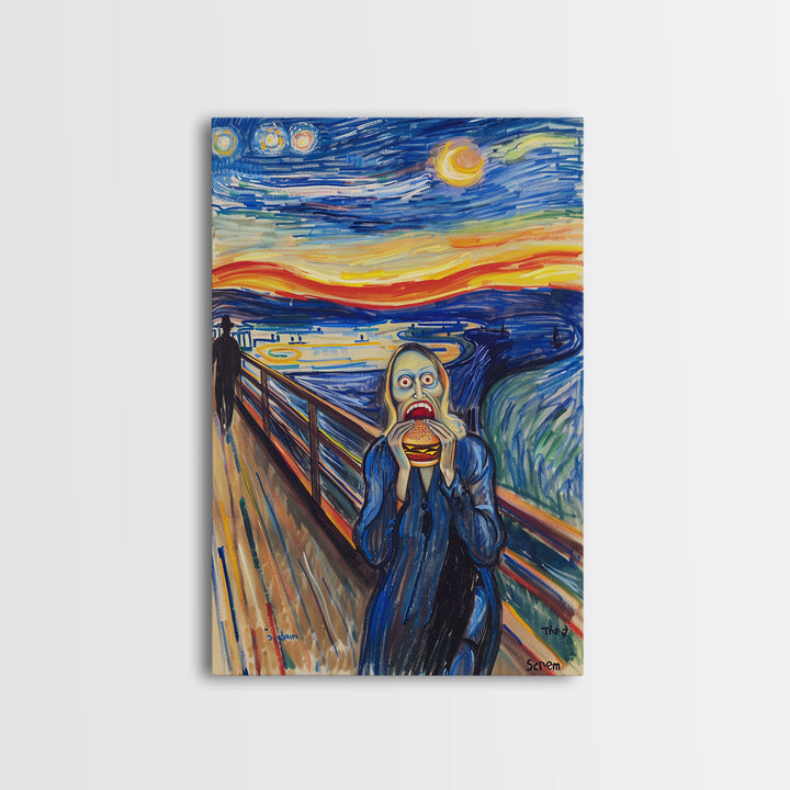 Scream-Inspired Halloween Art with a Figure Eating a Hamburger, Combining Horror and Humor for a Unique and Spooky Wall Art Piece