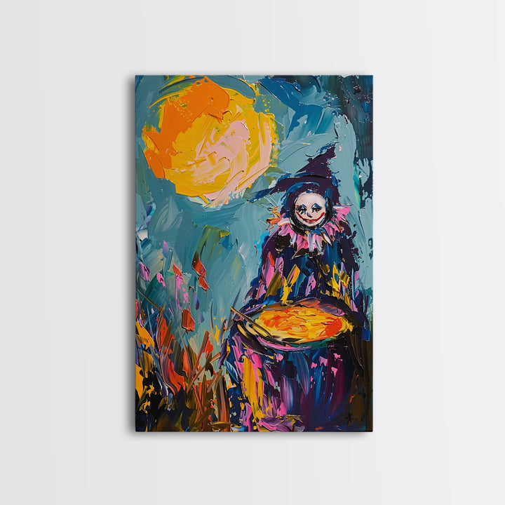 Colorful Witch Mixing Potions Framed Canvas Print | Halloween Witch Art | Vibrant Witch Decor for Home | Whimsical Halloween Artwork