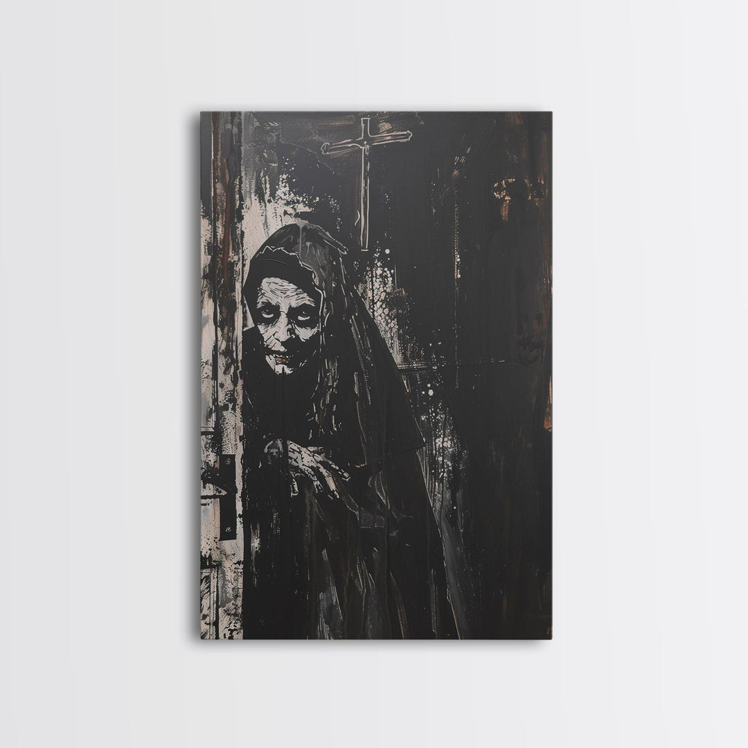 Haunted Nun with Eerie Expression, Framed Canvas Print, Gothic Halloween Art, Spooky Religious Decor, Scary Nun Painting, Gothic Home Art