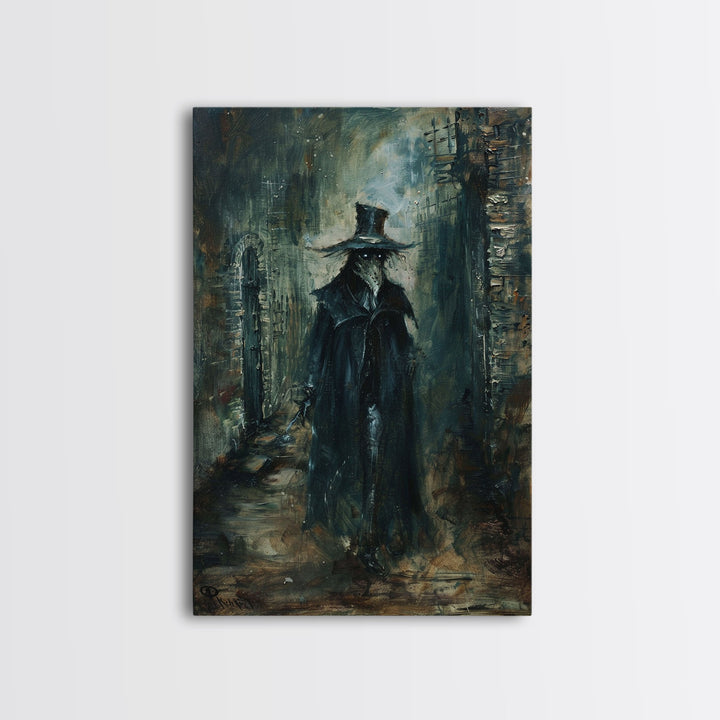 Ghostly Figure in Victorian Attire - Eerie Night Stalker Gothic Art Framed Canvas Print, Halloween Haunted House Decor