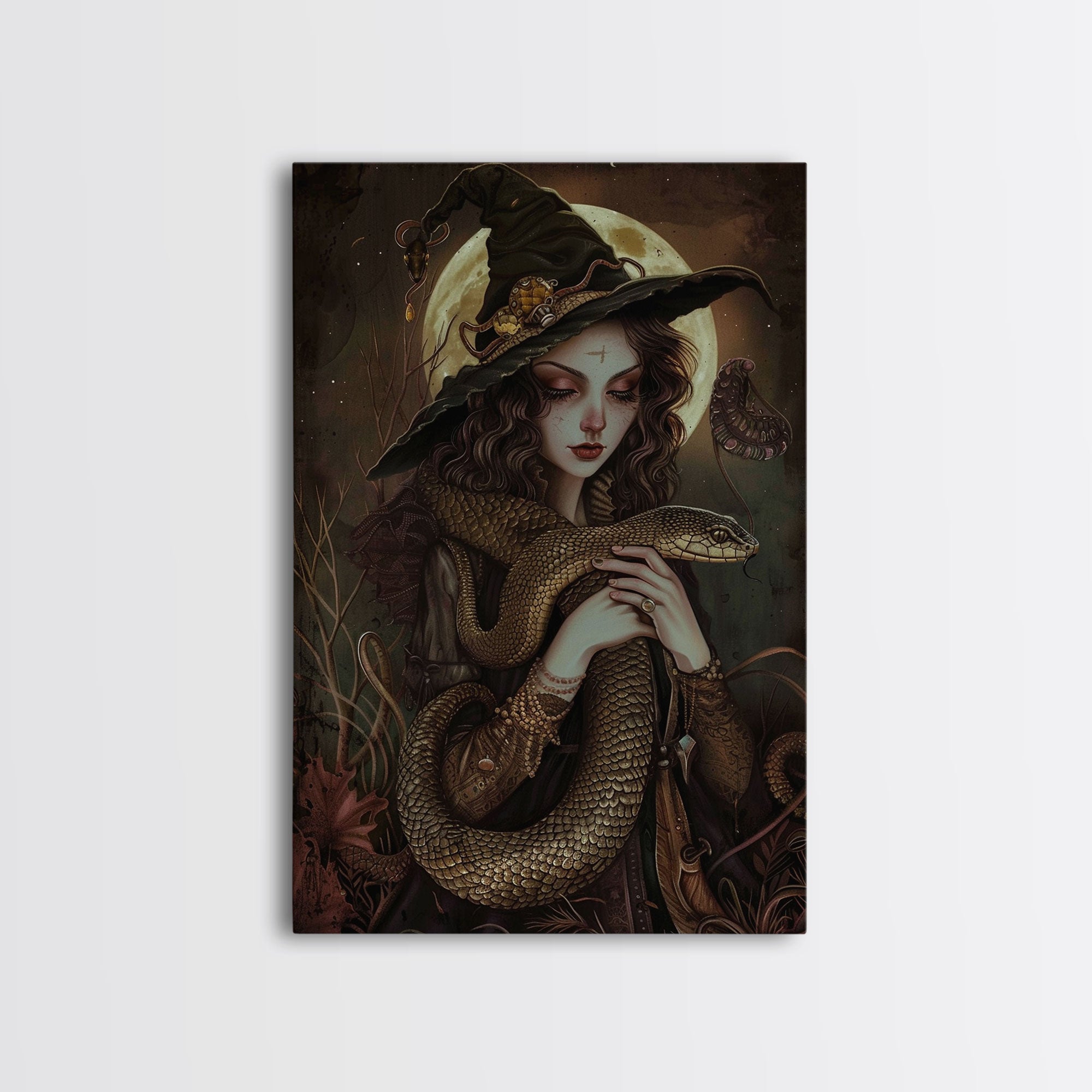 Witch Holding Snake under Full Moon - Dark Forest Sorcery Gothic