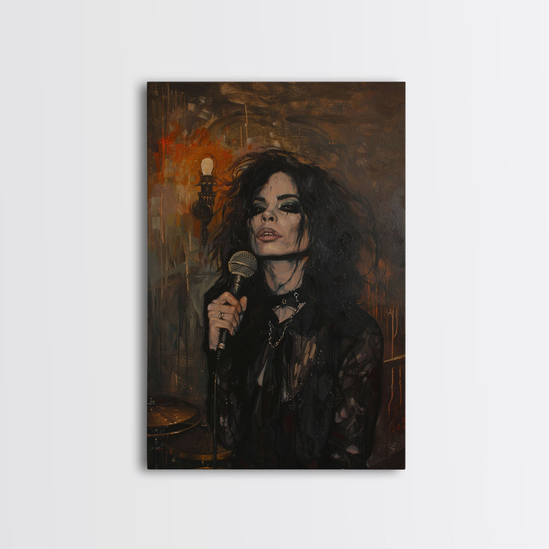 Gothic Singer with Dark Makeup - Halloween Art, Gothic Art, Spooky Decor Haunted Concert Dark Music Art, Eerie Portrait, Framed Canvas Print