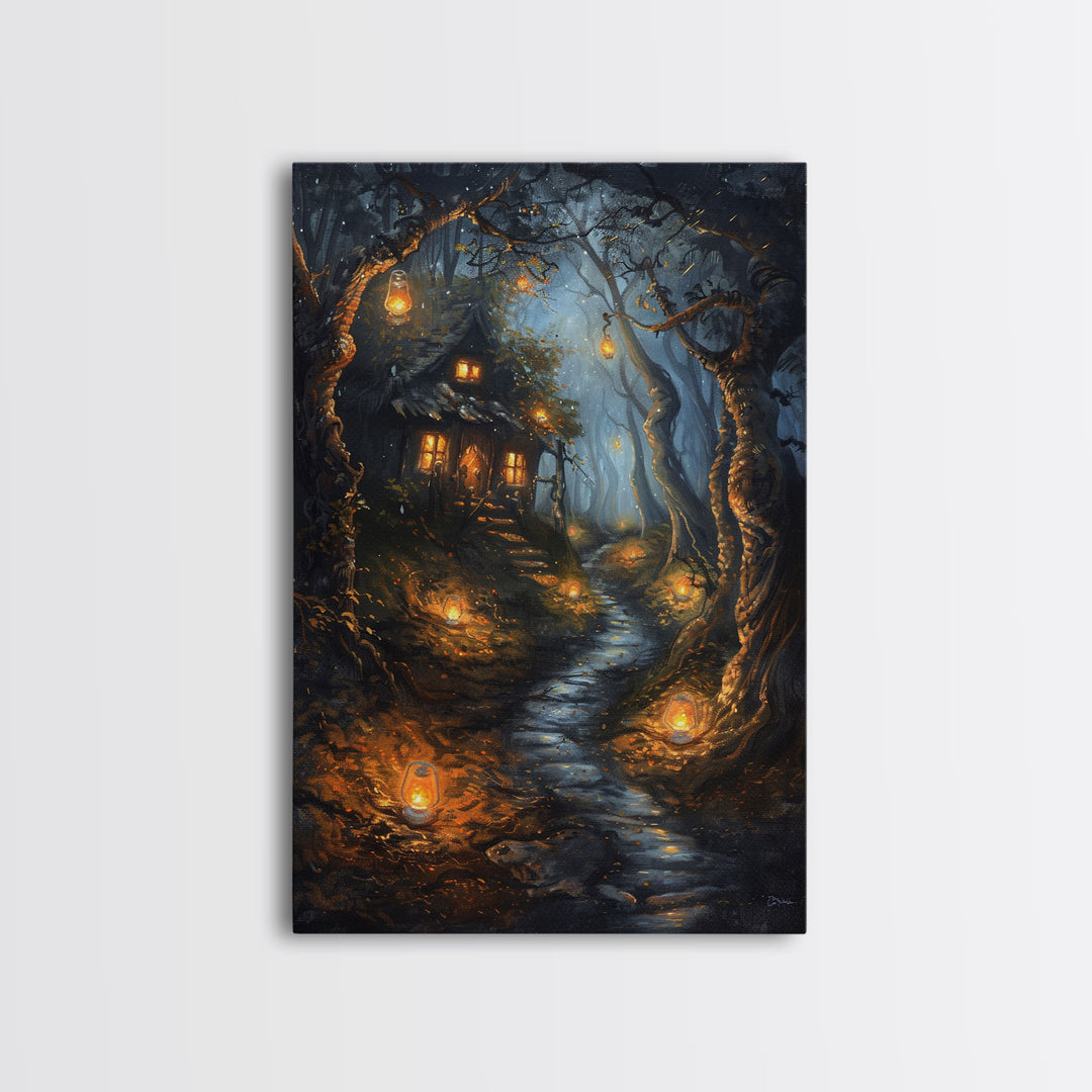 Spooky Cottage in Forest, Halloween Art, Spooky Wall Decor, Framed Canvas Print, Creepy Art, Halloween Wall Decor, Seasonal Wall Art
