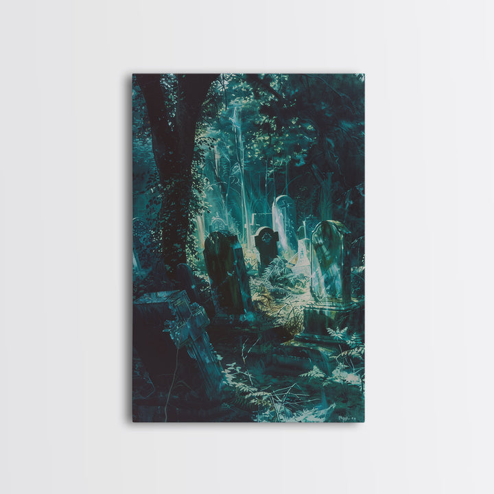 Haunted Graveyard Framed Canvas Print, Halloween Wall Art, Spooky Cemetery, Midnight Shadows, Haunted Forest, Ghostly Vibes, Gothic Decor