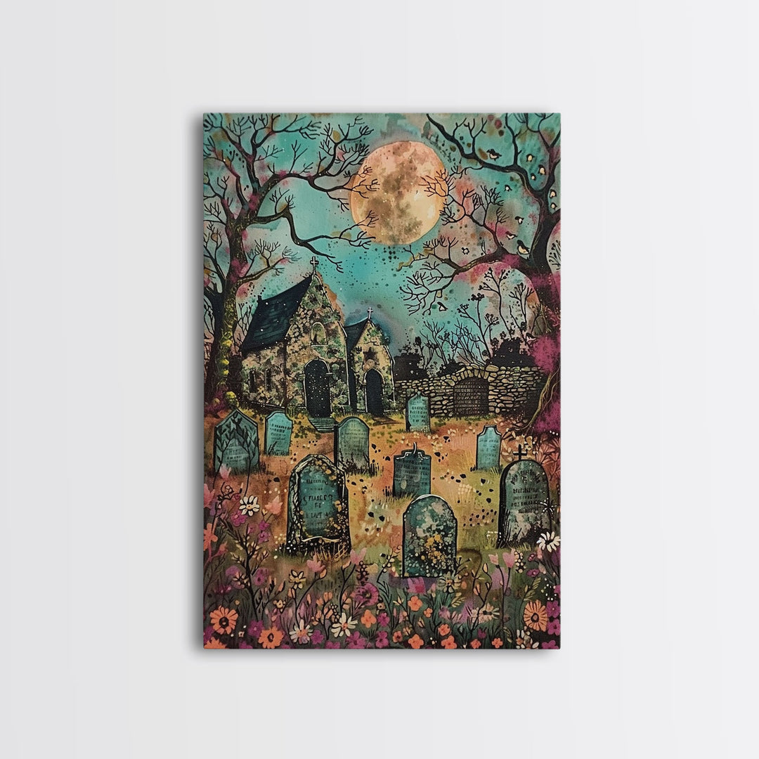Haunted Churchyard Framed Canvas Print, Halloween Art, Gothic Cemetery, Spooky Church, Haunted Scene, Eerie Moonlight, Halloween Decor