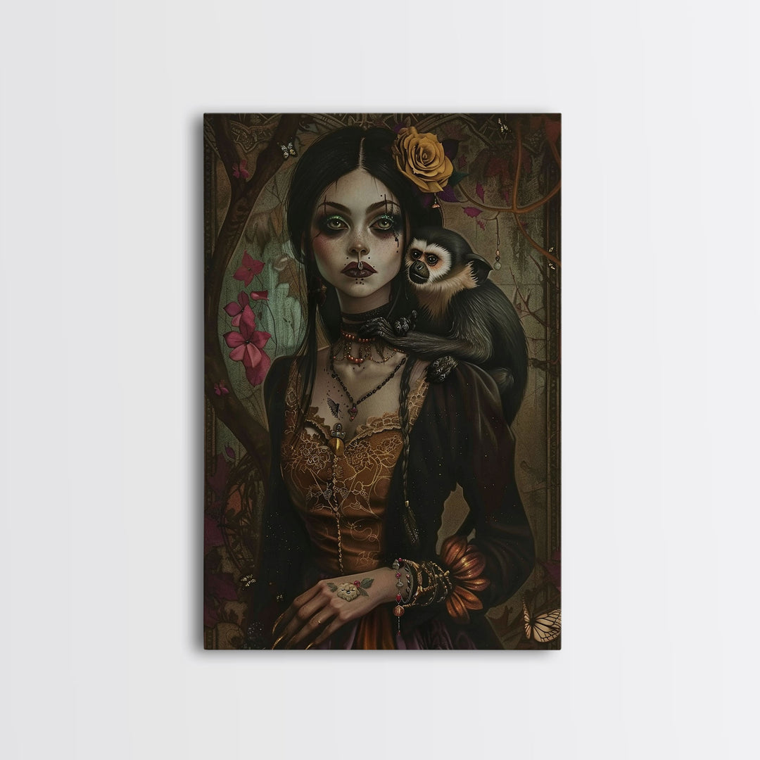 Spooky Halloween Witch Wall Art, Framed Canvas Prince, Halloween Decor, Halloween Gift Spooky Season, Cottage Core Witch and Monkey Familiar
