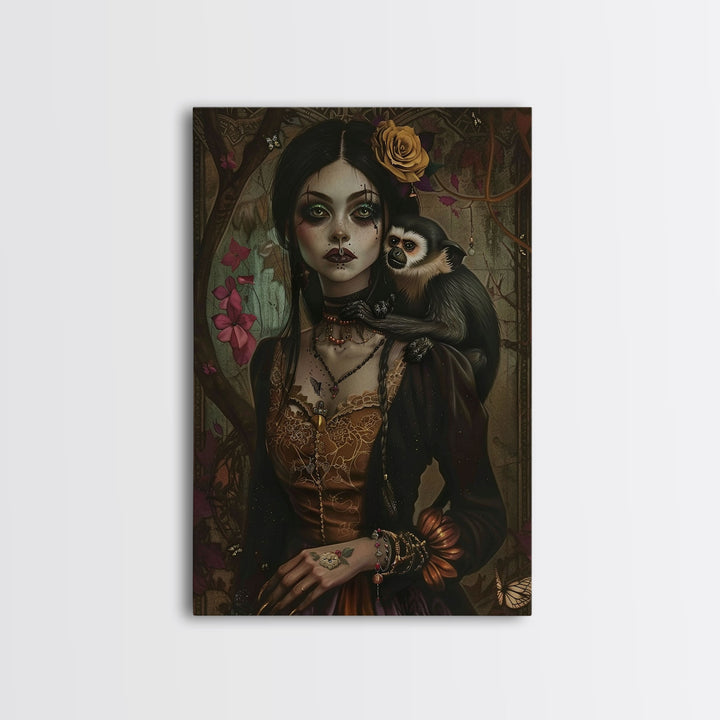 Spooky Halloween Witch Wall Art, Framed Canvas Prince, Halloween Decor, Halloween Gift Spooky Season, Cottage Core Witch and Monkey Familiar