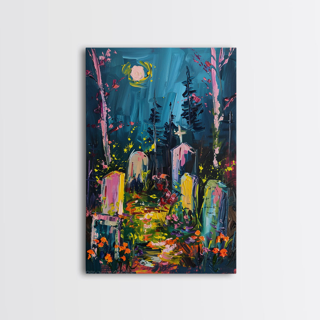 Colorful Cemetery Under Full Moon Framed Canvas Print, Wall Art, Vibrant Home Decor, Halloween Graveyard Painting Spooky Art Halloween Decor