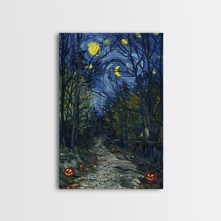 Dark Forest Path with Pumpkins Framed Canvas Print, Halloween Wall Art, Starry Night Inspired, Home Decor, Spooky Art, Living Room Decor