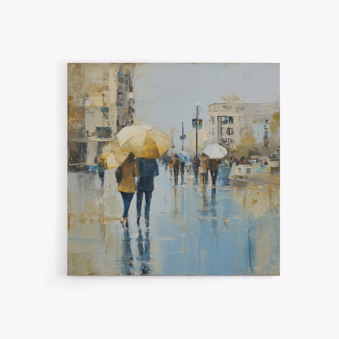 Rainy Boulevard with Umbrella Shapes Framed Canvas Print, Impressionist Art, Neutral Decor, Living Room Decor, Impression, IMP-1x1-21