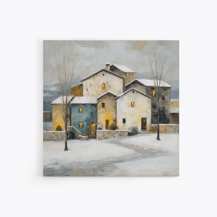 Snowy Village with Warm Glowing Windows Framed Canvas Print, Impressionist Art, Boho Decor, Living Room Decor, Oil Painting, IMP-1x1-37