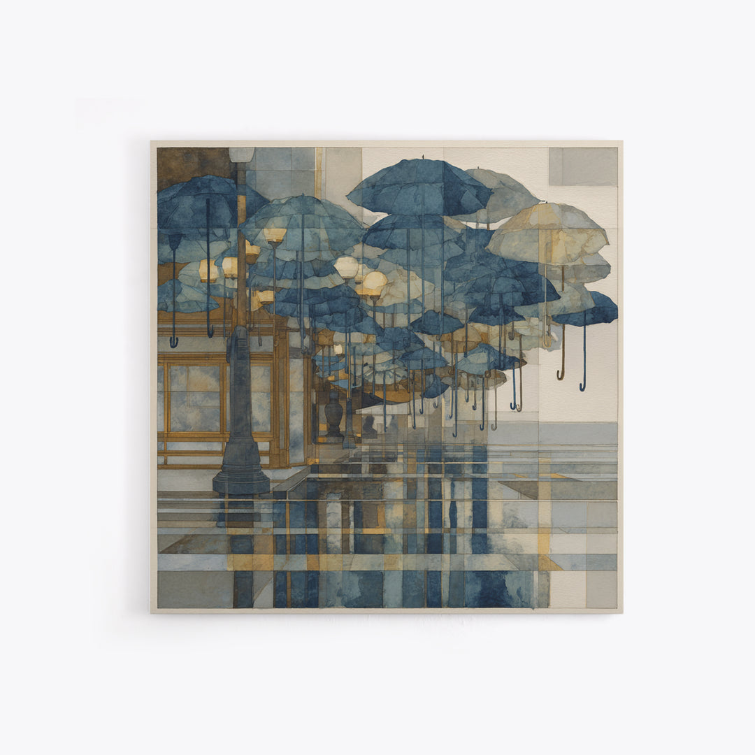 Rainy Boulevard with Umbrella Shapes Canvas Print, Impressionist Art, Luxury Decor, Living Room Decor, Abstract Art, Impression, IMP-1x1-45
