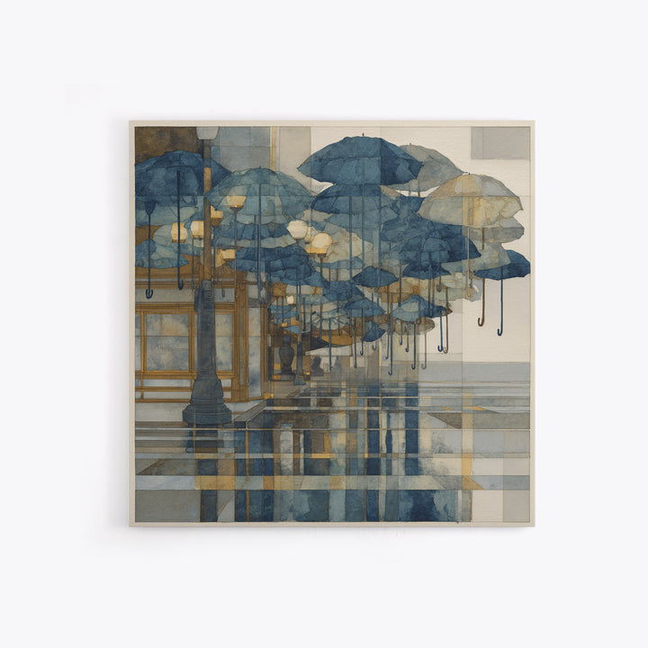 Rainy Boulevard with Umbrella Shapes Canvas Print, Impressionist Art, Luxury Decor, Living Room Decor, Abstract Art, Impression, IMP-1x1-45