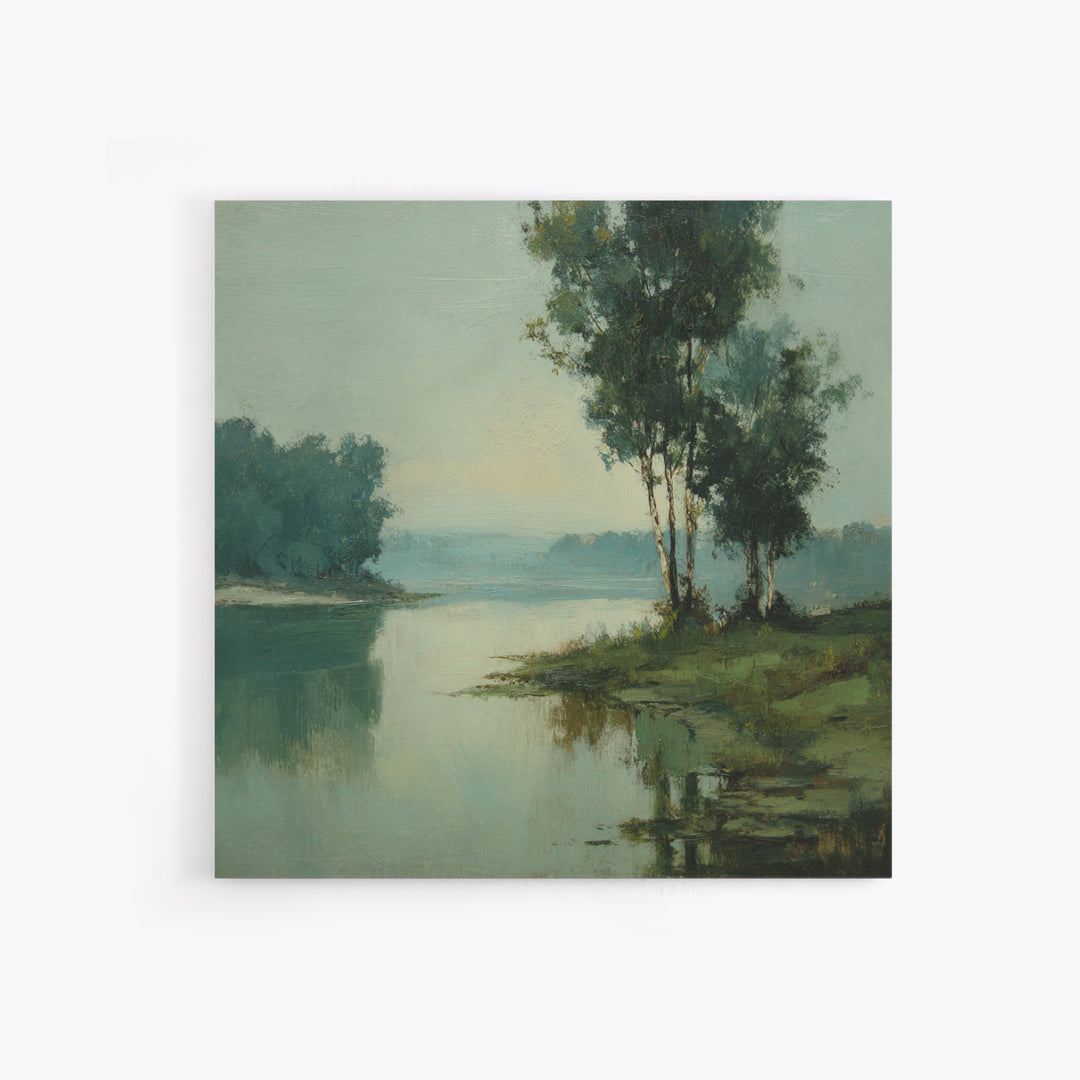 Misty Riverbank with Willow Trees Canvas Print, Impressionist Art, Gallery Decor, Living Room Decor, Fine Art, Impression, IMP-1x1-59