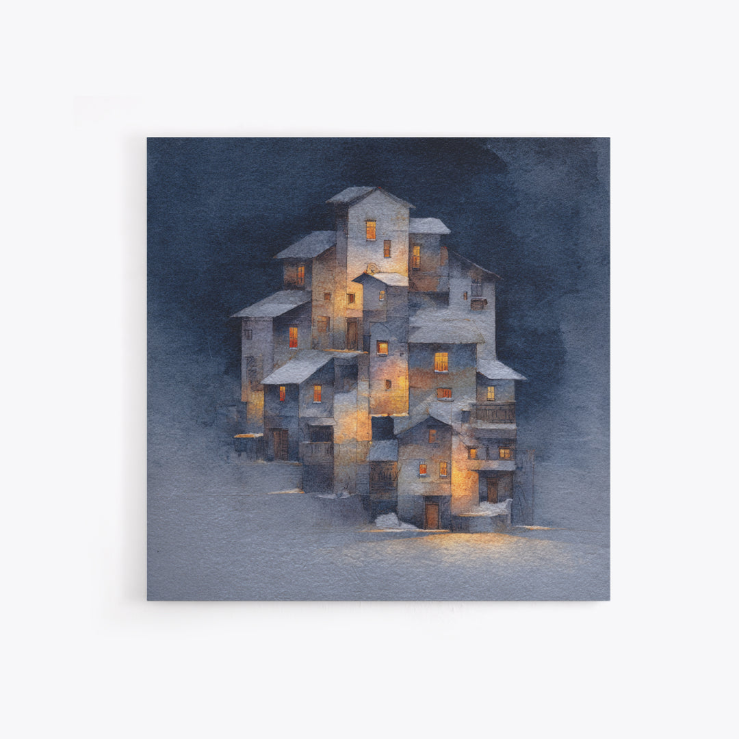 Snowy Village with Warm Glowing Windows Framed Canvas Print, Impressionist Art, Boho Decor, Living Room Decor, Oil Painting, IMP-1x1-61