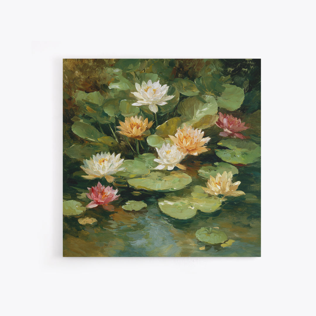 Water Lilies Floating on a Sunlit Pond Framed Canvas Print, Impressionist Art, Living Room Decor, Watercolor Art, Impression, IMP-1x1-73