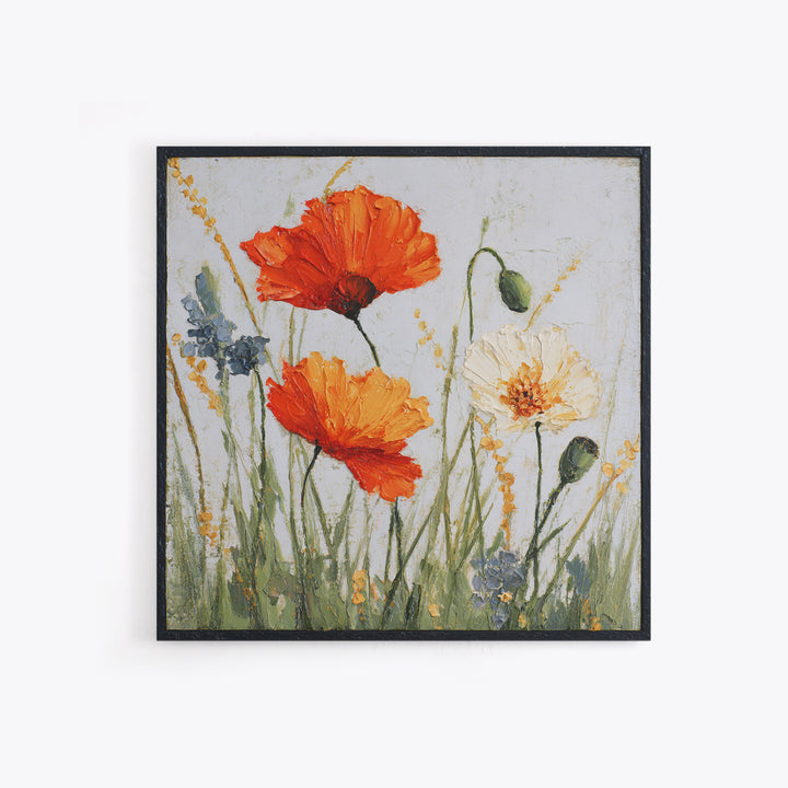 Poppies Blowing Through Green Grass Framed Canvas Print, Impressionist Art, Landscape Art, Living Room Decor, Abstract Art, IMP-1x1-84