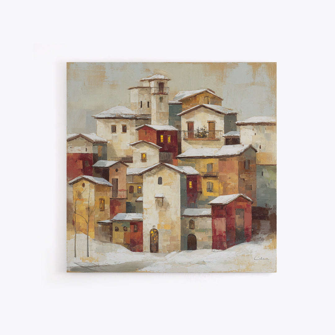 Snowy Village with Warm Glowing Windows Canvas Print, Impressionist Art, Minimalist Decor, Living Room Decor, Impression, IMP-1x1-85