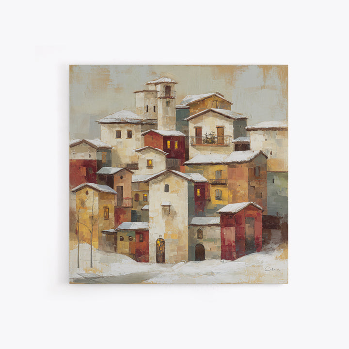 Snowy Village with Warm Glowing Windows Canvas Print, Impressionist Art, Minimalist Decor, Living Room Decor, Impression, IMP-1x1-85