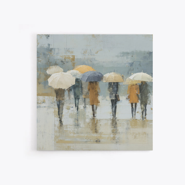Rainy Boulevard with Umbrella Shapes Framed Canvas Print, Impressionist Art, Wall Art, Living Room Decor, Abstract Art, IMP-1x1-93