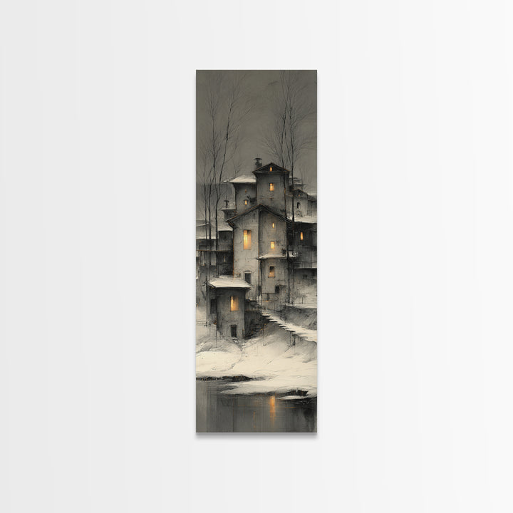 Snowy Village with Warm Glowing Windows Canvas Print, Impressionist Art, Bedroom Decor, Living Room Decor, Fine Art, Impression, IMP-1x3-25