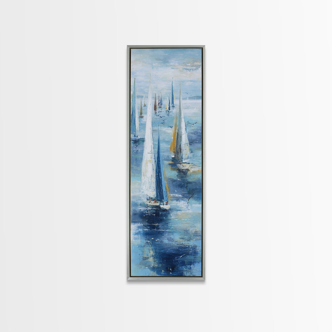 Sailboats on a Bright Sparkling Harbor Framed Canvas Print, Impressionist Art, Wall Art, Living Room Decor, Oil Painting, IMP-1x3-45